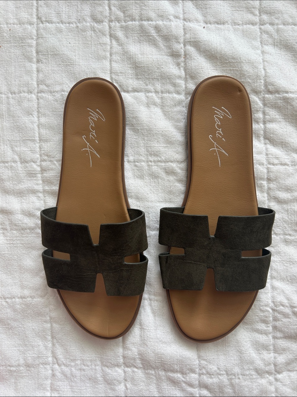 Mari A Slide Sandals in Olive Suede with Tan Footbed